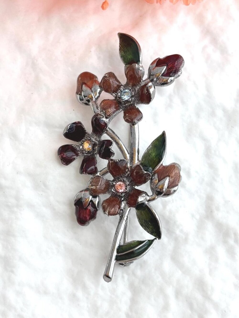Burgundy Enamel Floral Designed Silver Toned Branch Vintage Costume Brooch